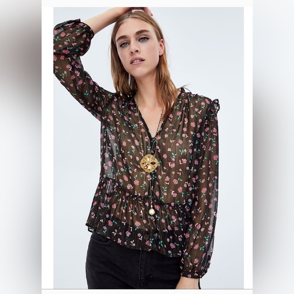 NWOT! Sheer Metallic Women's Zara Spring Peplum Floral Boho Blouse Medium - Picture 13 of 15